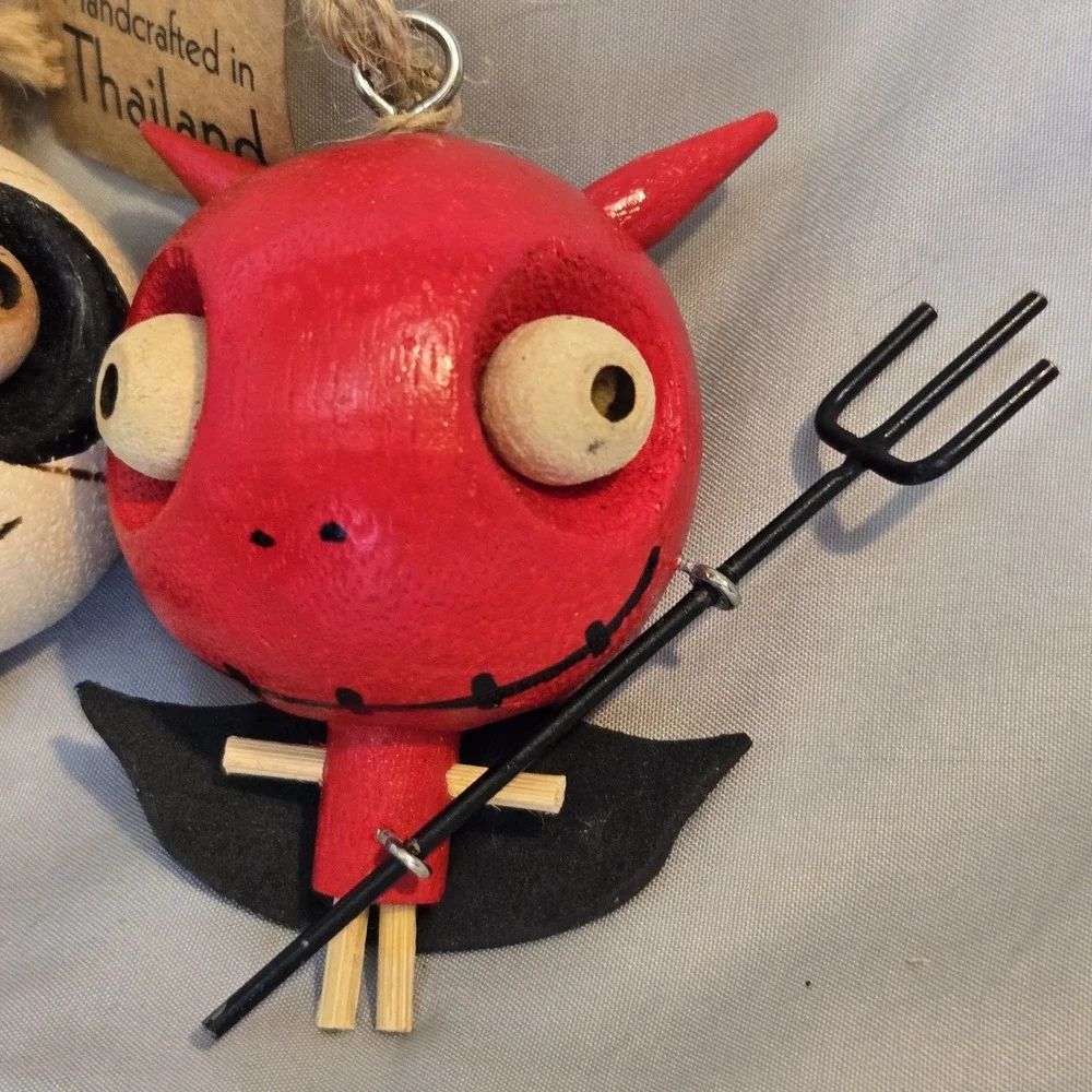 Pier 1 Halloween Devil Skeleton Ornaments Wood Handcrafted Thailand Set of 2